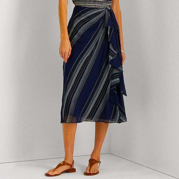 Lauren Ralph Lauren Stripe Print Crinkle Georgette Cascading Ruffle Midi Skirt. - Picture 6 of 16